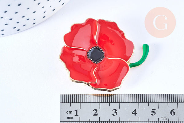 Broche fleur coquelicot rouge laiton doré émaillé 59mm, x1 (G6731)