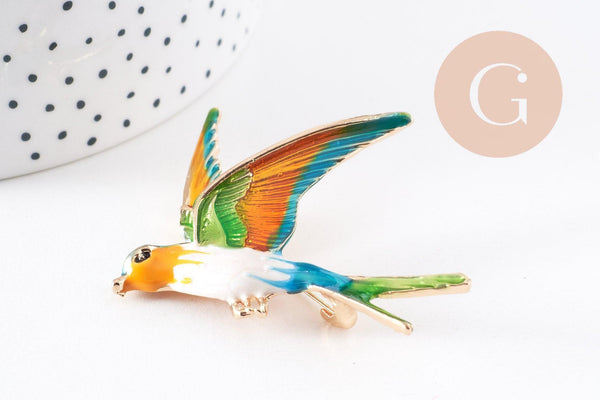 Broche oiseau zamac doré émail 52mm, x1 (G10163)
