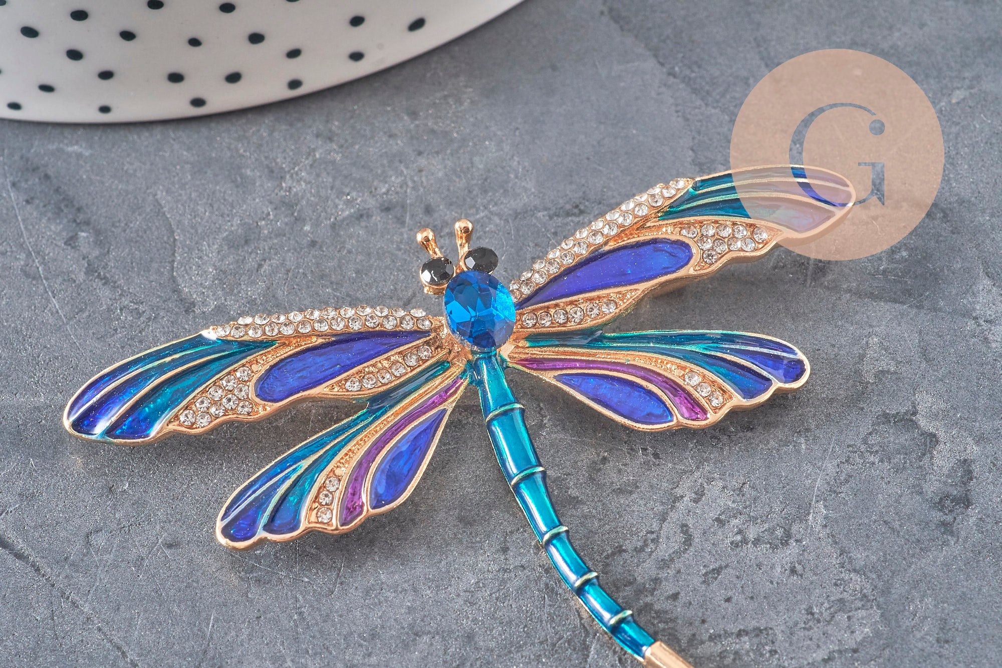 Broche pin Libélula insecto alado zamac dorado azul 74x50mm, x1 VÁLIDO