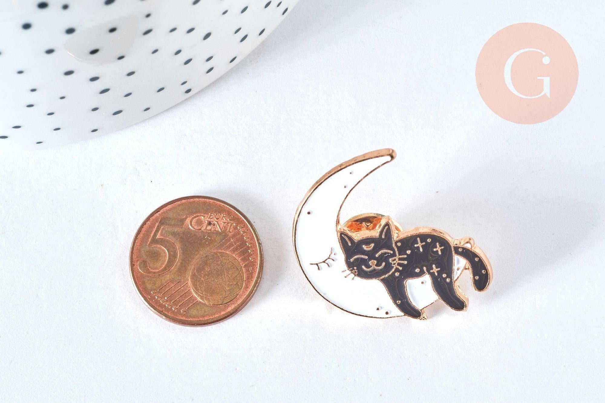 Broche pins chat noir et lune blanche doré émail 30mm,x1 (G6799)