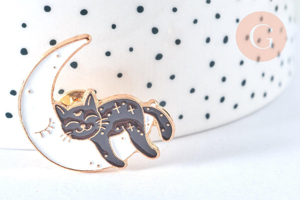 Broche pins chat noir et lune blanche doré émail 30mm,broche dorée, décoration veste,x1 G6799