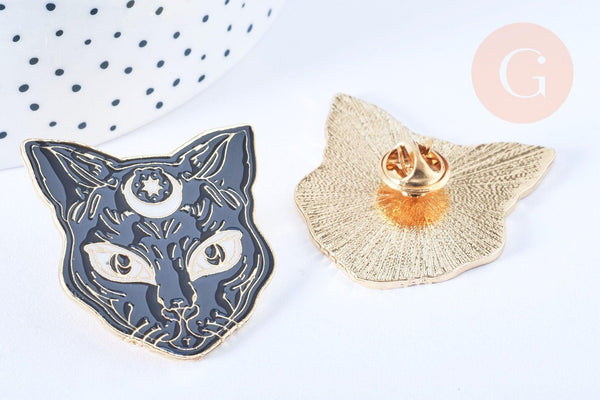 Broche pins chat noir mystique doré émail noir 37.5mm,broche dorée,décoration veste,x1 (G5550)