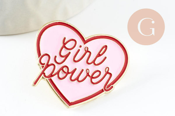 Broche pins coeur GIRL POWER émaillé rose 31mm, x1 (G9459)