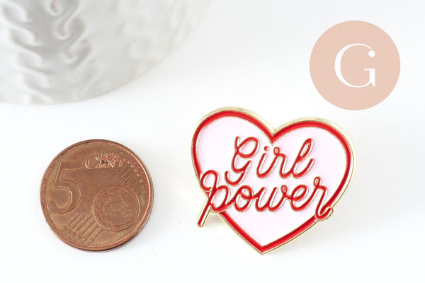Broche pins coeur GIRL POWER émaillé rose 31mm, x1 (G9459)