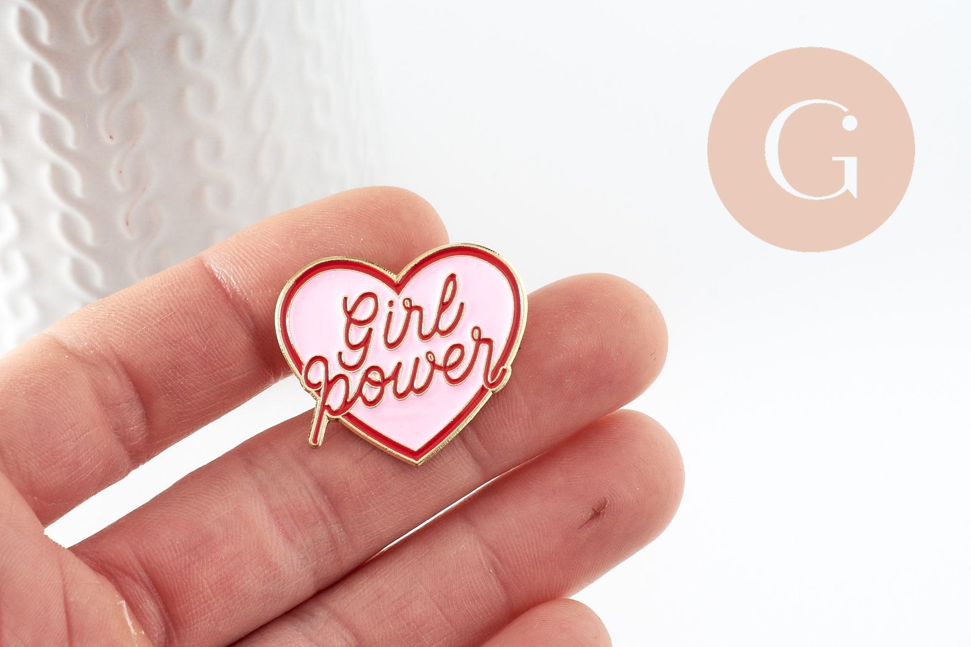 Broche pins coeur GIRL POWER émaillé rose 31mm, x1 (G9459)