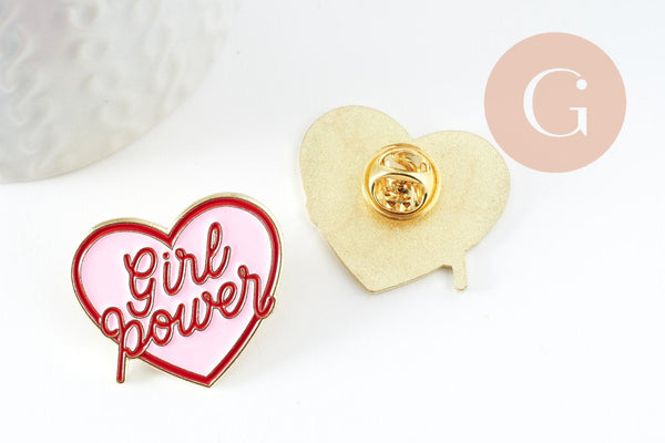 Broche pins coeur GIRL POWER émaillé rose 31mm, x1 (G9459)