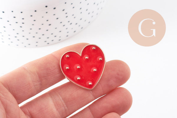 Broche pins coeur laiton doré émaillé rouge à pois 29mm, x1 (G5240)