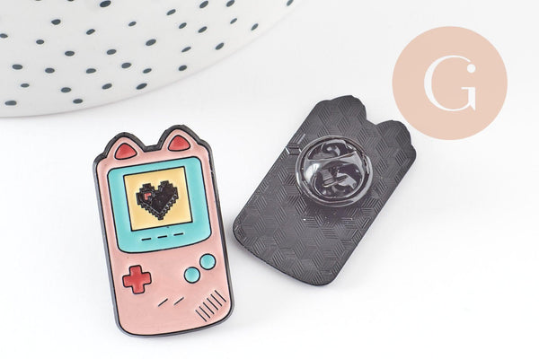 Broche pins console portable jeux vidéos doré émail rose 30.5x17.5mm, x1 (G9311)