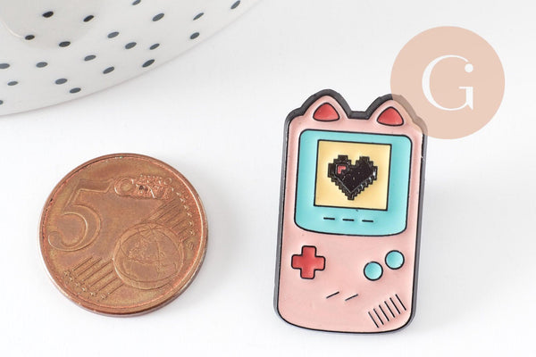Broche pins console portable jeux vidéos doré émail rose 30.5x17.5mm, x1 (G9311)