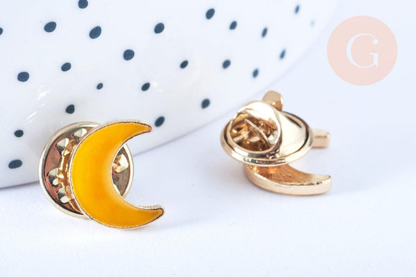 Broche pins croissant de lune mystique émail jaune doré émail 11x12.5mm, x1 (G6621)