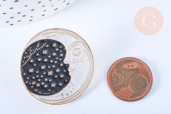Broche pins croissant de lune mystique émail noir doré émail 35mm, x1 (G6628)