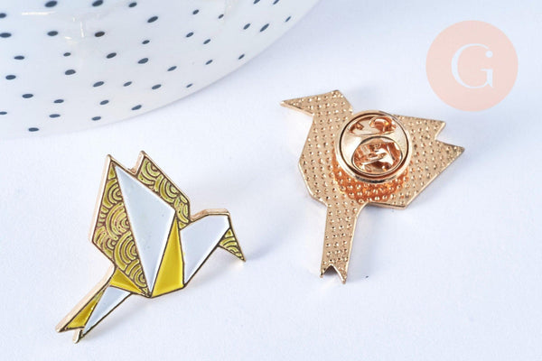 Broche pins oiseau origami doré émail Jaune 28x28mm,broche dorée, décoration veste,x1 G6613