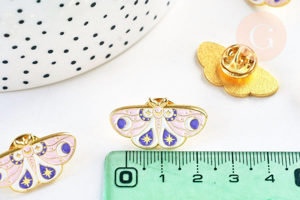 Broche pins papillon mystique doré émail rose 27.5mm, x1 (G5544)