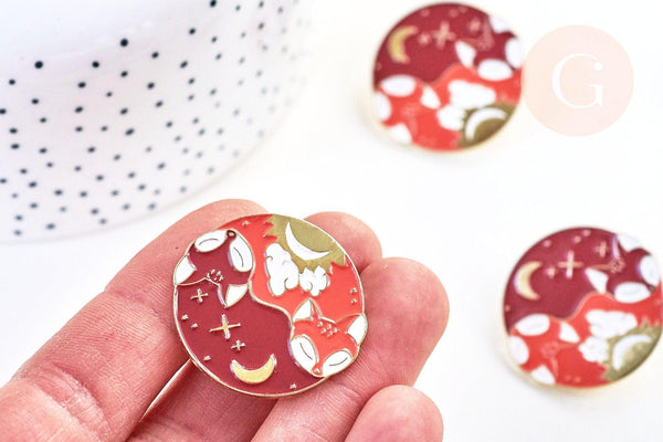Broche pins renard roux doré Yin Yang émaillé 30x30mm,x1 (G5554)