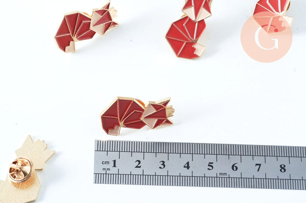 Broche pins renard roux origami doré émail orange 31.5x19mm, x1 (G8046)