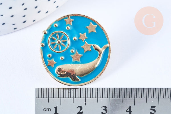 Broche pins rond baleine émail bleu turquoise doré émail 30mm, x1 (G6624)