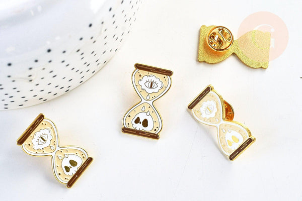 Broche pins sablier vanité oeil protecteur laiton doré émail jaune,broche dorée,décoration veste, 29.5x16mm,x1 G5545