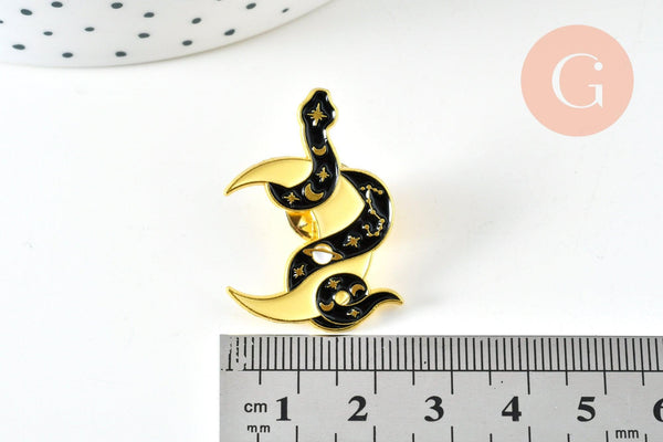 Broche pins serpent lune mystique doré émail noir jaune 32.5mm, x1 (G6321)
