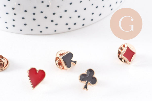 Broche pins symbole carte à jouer coeur carreau trèfle pique zamac doré émail 12-13mm x1 (G10162)