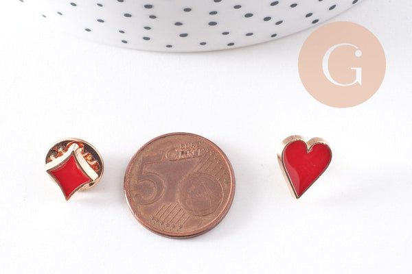 Broche pins symbole carte à jouer coeur carreau trèfle pique zamac doré émail 12-13mm x1 (G10162)