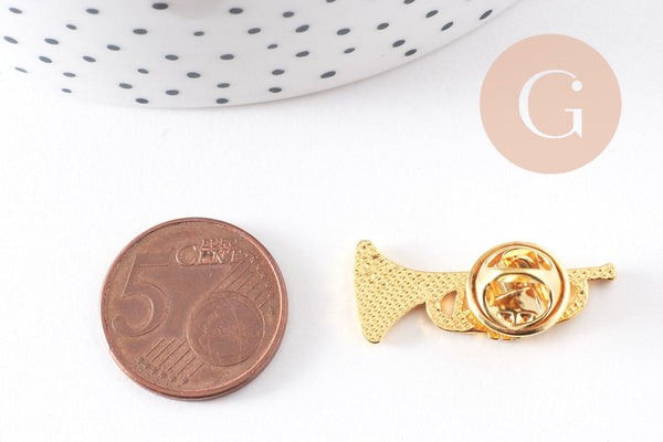 Broche pins trompette tuba zamac doré 29.5mm, x1 (G10159)