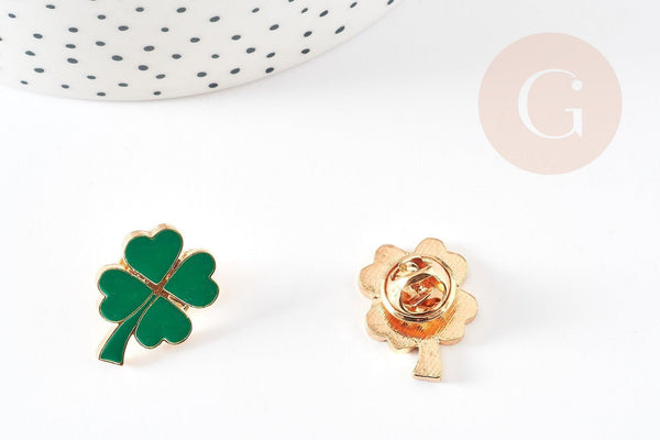 Broche trèfle à 4 feuilles zamac doré émail vert 23mm, x1 (G9207)