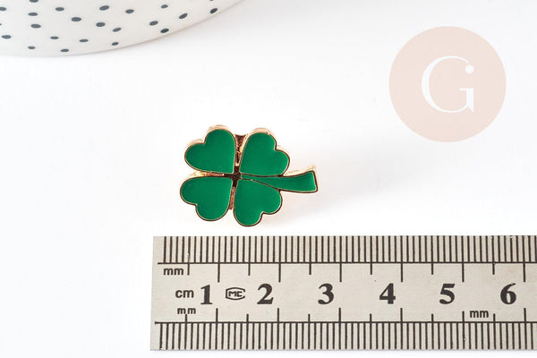 Broche trèfle à 4 feuilles zamac doré émail vert 23mm, x1 (G9207)