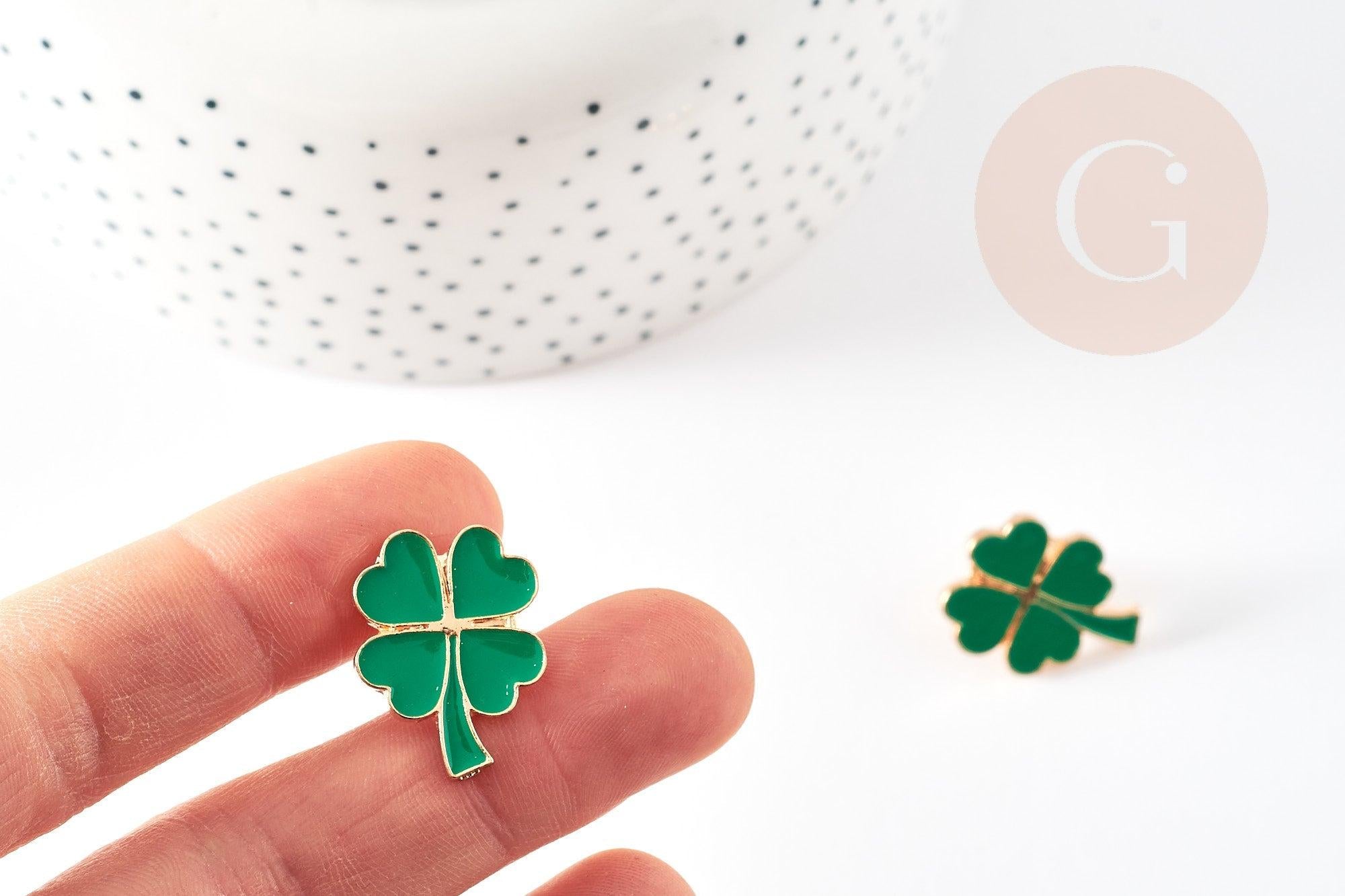 Broche trèfle à 4 feuilles zamac doré émail vert 23mm, x1 (G9207)