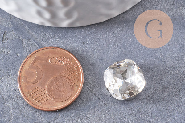 Cabochon carré cristal métal platine à coudre12mm, x5 (G0456)