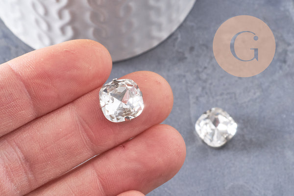 Cabochon carré cristal métal platine à coudre12mm, x5 (G0456)
