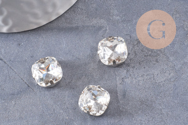 Cabochon carré cristal métal platine à coudre12mm, x5 (G0456)