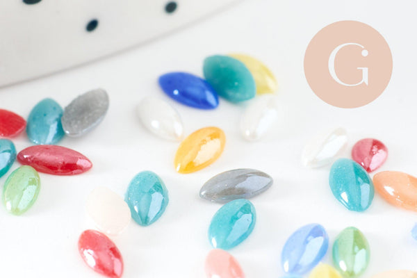 Cabochon dôme marquise verre irisé 6mmx3mm, x20 (G2280)