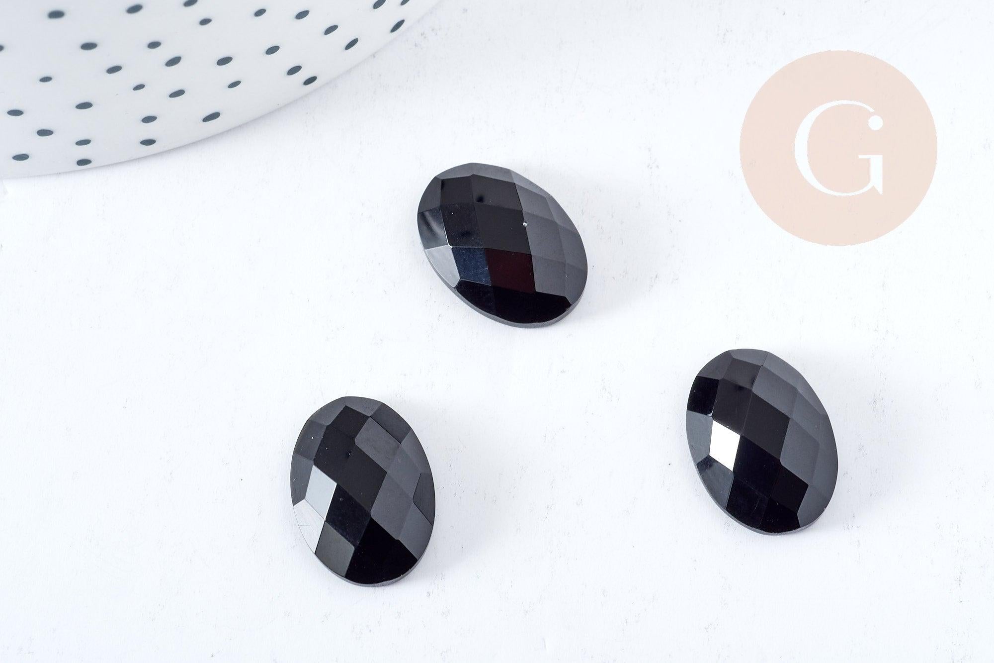 Cabochon ovale agate noire facetté 18x13mm, x1 (G8598)