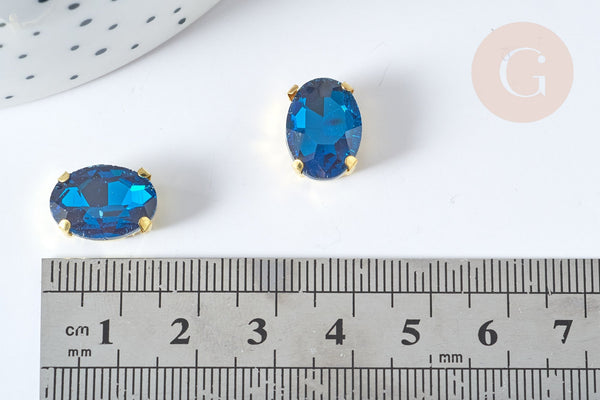 Cabochon ovale cristal bleu intense avec serti en laiton doré 14x10mm, x5 (G8115)