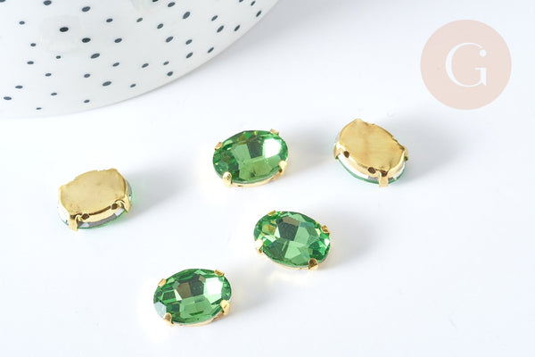 Cabochon ovale cristal vert clair avec serti en laiton doré 14x10mm, x5 (G8112)
