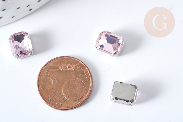 Cabochon rectangle cristal rose clair avec serti en laiton argenté 8x10mm, x5 (G8114)