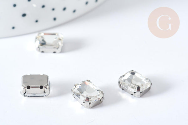 Cabochon rectangle cristal transparent avec serti en laiton argenté 8x10mm, x5 (G8110)