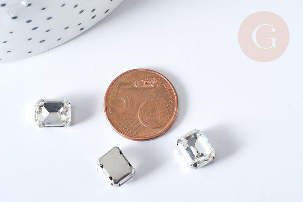 Cabochon rectangle cristal transparent avec serti en laiton argenté 8x10mm, x5 (G8110)