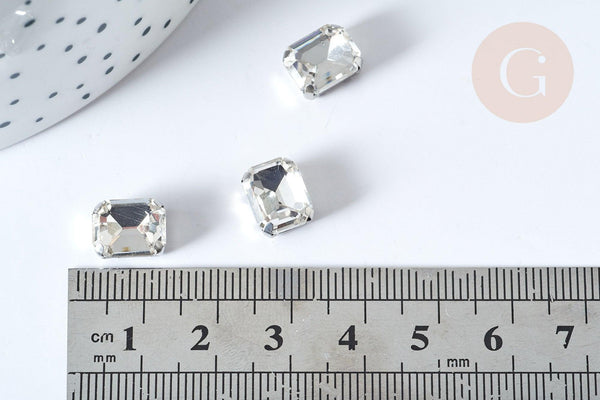 Cabochon rectangle cristal transparent avec serti en laiton argenté 8x10mm, x5 (G8110)