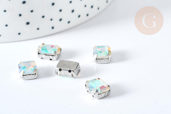 Cabochon rectangle cristal transparent irisé avec serti en laiton argenté 8x10mm, x5 (G8111)