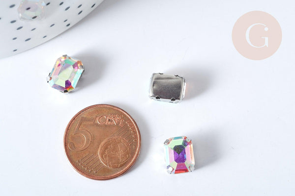 Cabochon rectangle cristal transparent irisé avec serti en laiton argenté 8x10mm, x5 (G8111)