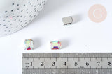 Cabochon rectangle cristal transparent irisé avec serti en laiton argenté 8x10mm, x5 (G8111)
