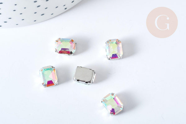 Cabochon rectangle cristal transparent irisé avec serti en laiton argenté 8x10mm, x5 (G8111)