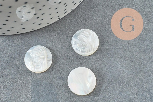 Cabochon rond Vierge Marie nacre blanche naturelle gravé 16mm, x1 (G9629)