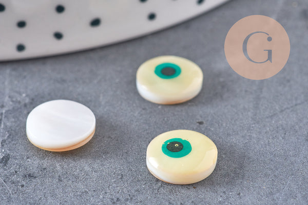 Cabochon rond nacre blanche mauvais oeil 10mm, x10 (G1058)