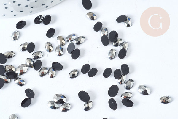 Cabochon strass plastique noir irisé ovale 6x4mm, x 5 grammes (G8339)