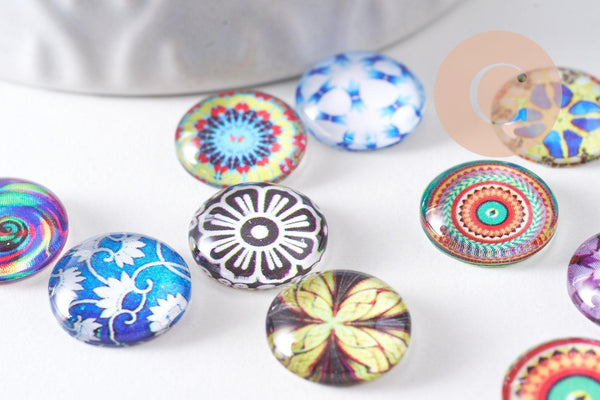 Cabochon verre rond dôme imprimé 12mm, x20 (G3743)