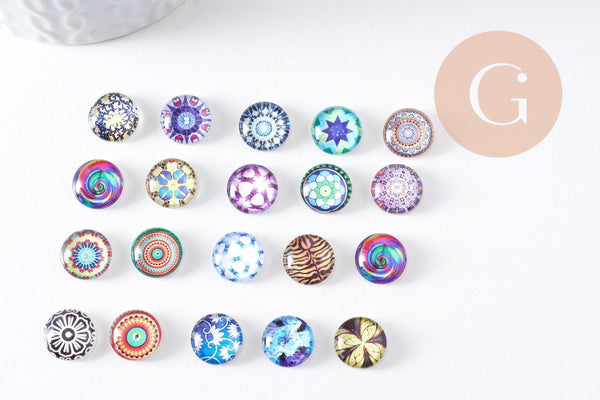 Cabochon verre rond dôme imprimé 12mm, x20 (G3743)