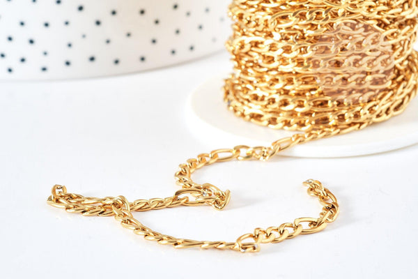 Chaine Figaro acier inoxydable dorée 14 carats 4mm, x1 metre (G8372)