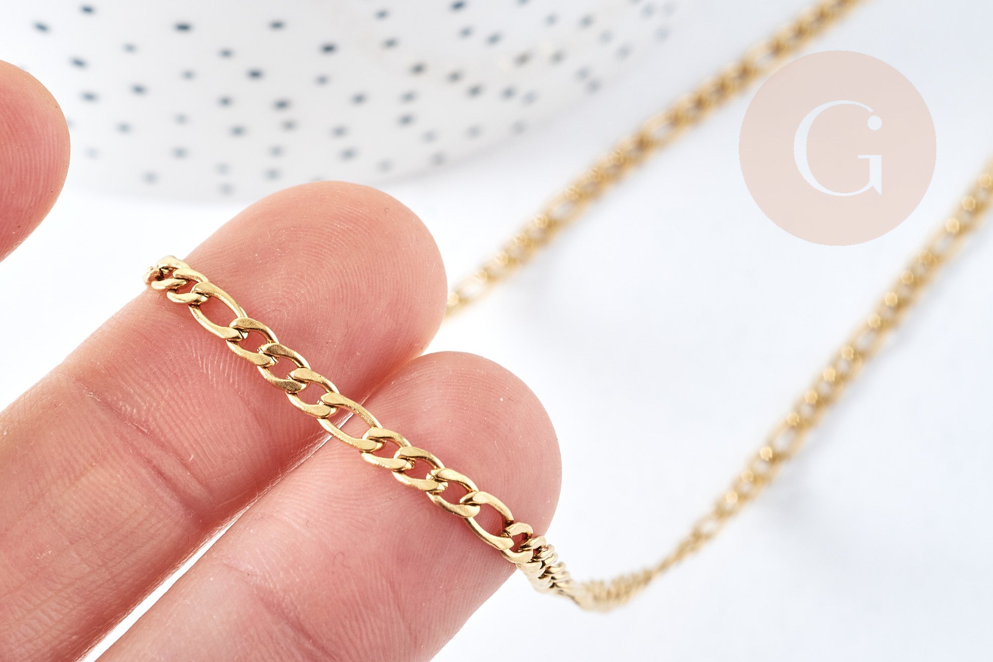 Collier Chaine Figaro complète avec fermoir acier 304 inoxydable doré IP 3mm,45.5cm, création collier acier inoxydable, x1 G8794